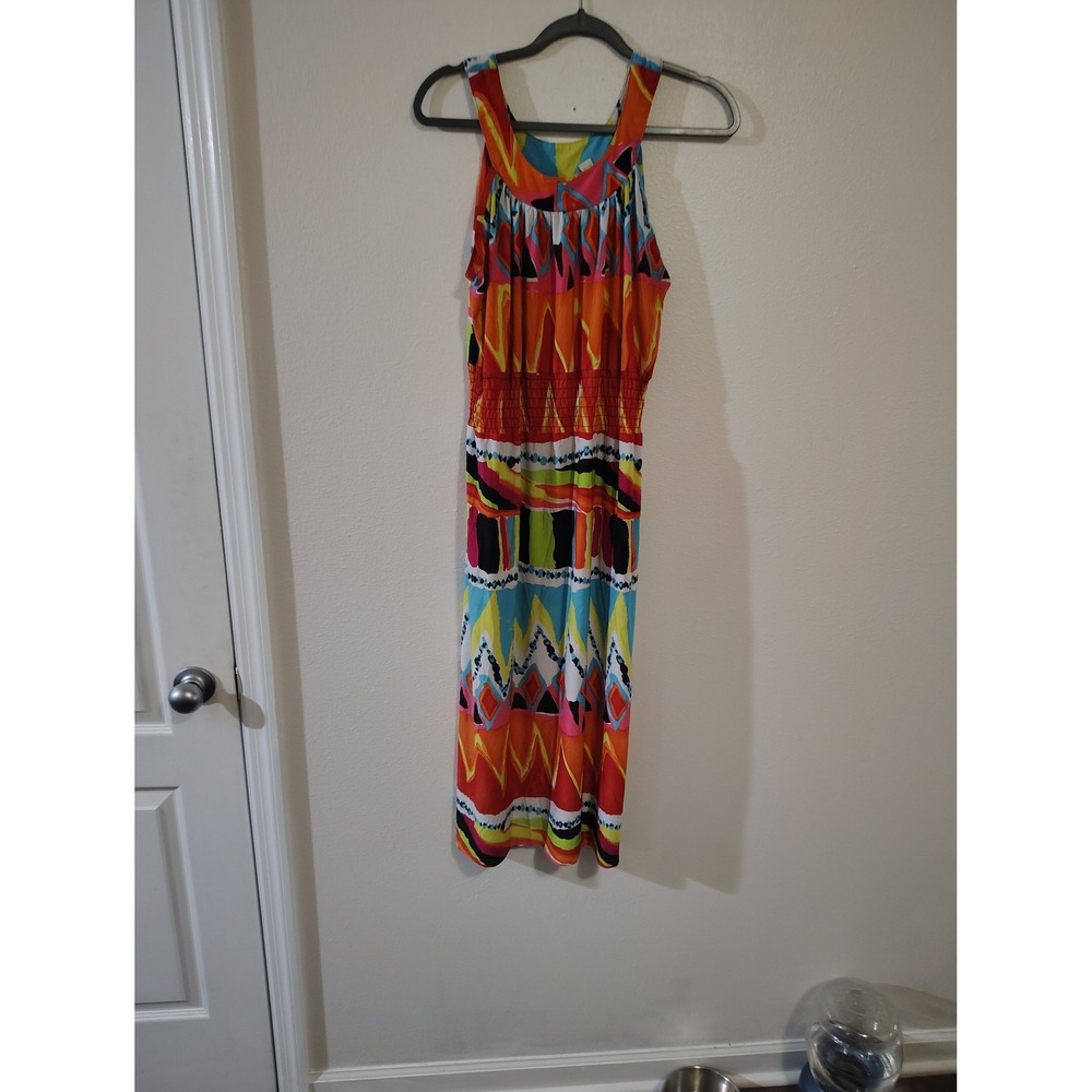 Gold Flava  XL Geometric Abstract Print Smocked Waist Midi Dress Multi‎ Color